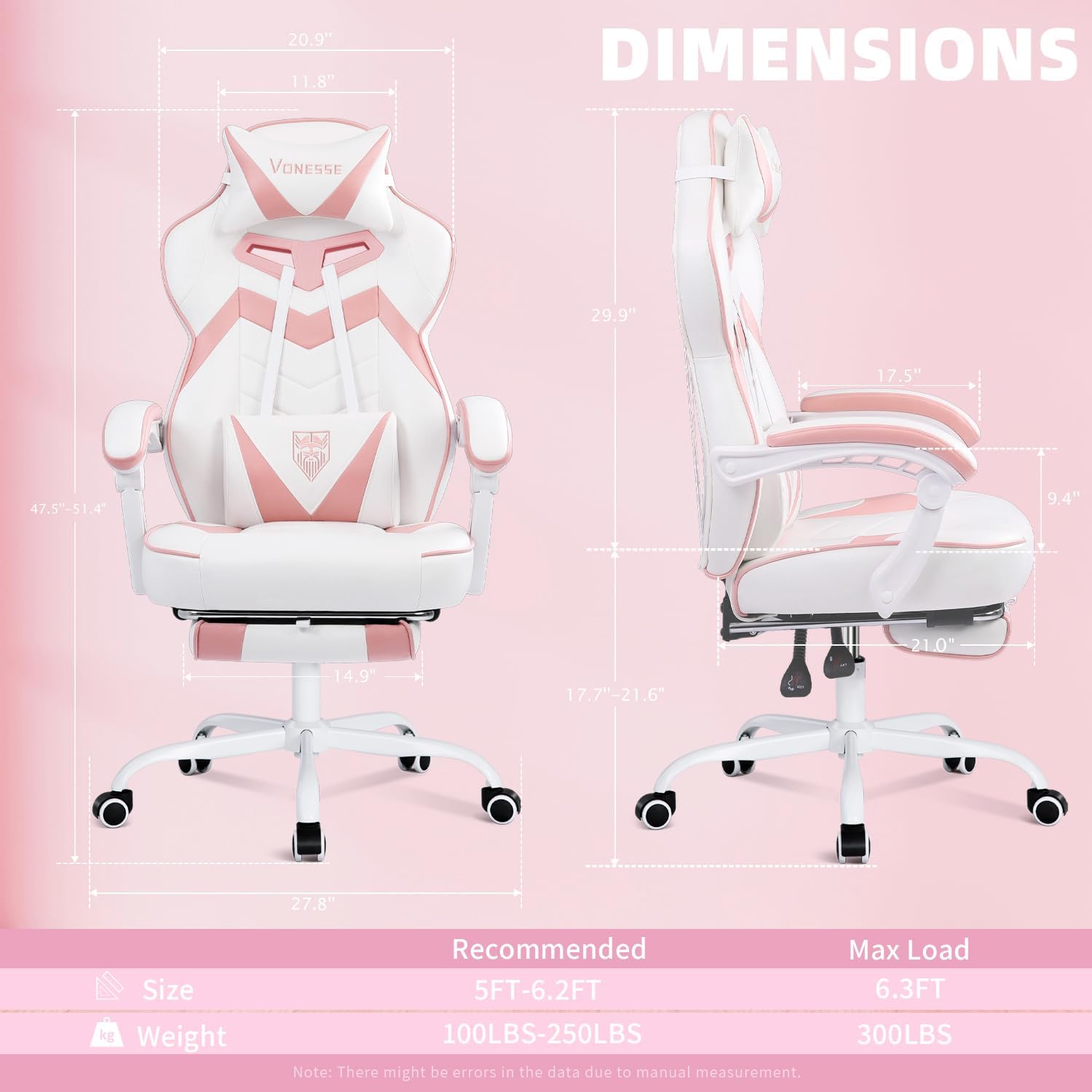 Vonesse Gaming Chair, High Back Pink Gaming Chair with Footrest and Massage, Gaming Chairs for Adults with Pocket Spring Cushion, Big and Tall Reclining Computer Chair with Lumbar Support (White/Pink)