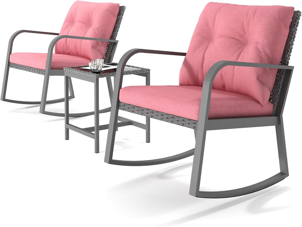 3 Piece Rocking Bistro Patio Set, Outdoor Rocking Chair, Outdoor Bistro Sets Wicker Patio Furniture Rocking Chairs Sectional Couch with Tempered Glass Top Coffee Table & Cushions, Red
