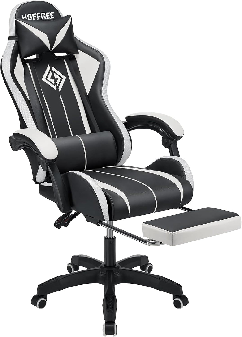 HOFFREE RGB Gaming Chair with Speakers Massage Computer Gaming Chair with LED Lights and Footrest High Back Video Game Chair for Adults White and Black
