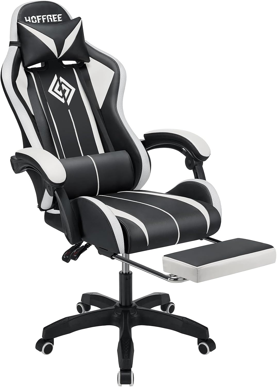 HOFFREE RGB Gaming Chair with Speakers Massage Computer Gaming Chair with LED Lights and Footrest High Back Video Game Chair for Adults White and Black