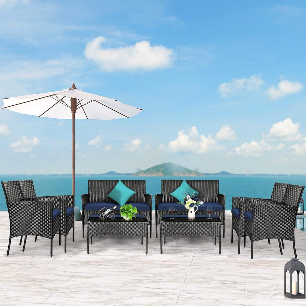 Tangkula 8 Piece Patio Furniture Set, Outdoor Wicker Conversation Set with Tempered Glass Coffee Table, Rattan Loveseat & Chairs Set with Seat Cushions for Backyard, Garden, Poolside (2, Navy)