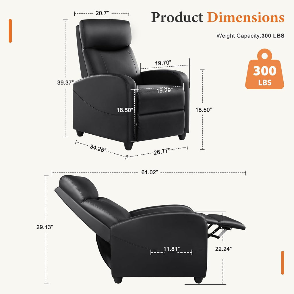Sweetcrispy Recliner Chair PU Leather Recliner Sofa No Massage, Home Theater Seating with Lumbar Support, Adjustable Push Back Overstuffed High-Density Sponge Reclining for Living Room, Black