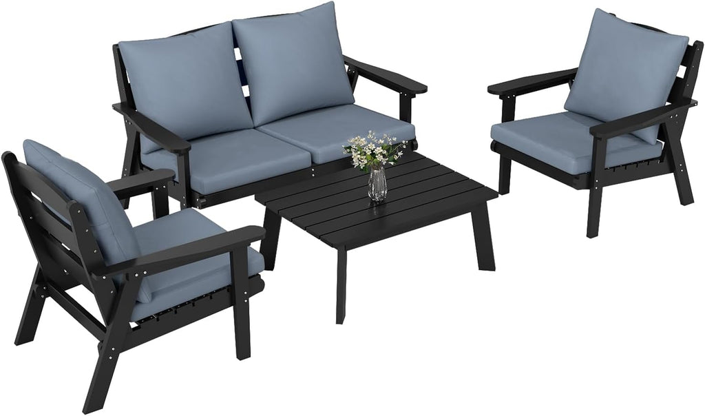 FOOWIN 4-Piece Patio Furniture Set, HDPE All-Weather Outdoor Conversation Set with Thick Cushions, Sectional Patio Sofa Furniture for Deck, Porch, Lawn, Garden, Black Frame & Grey Cushion