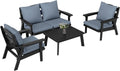 FOOWIN 4-Piece Patio Furniture Set, HDPE All-Weather Outdoor Conversation Set with Thick Cushions, Sectional Patio Sofa Furniture for Deck, Porch, Lawn, Garden, Black Frame & Grey Cushion