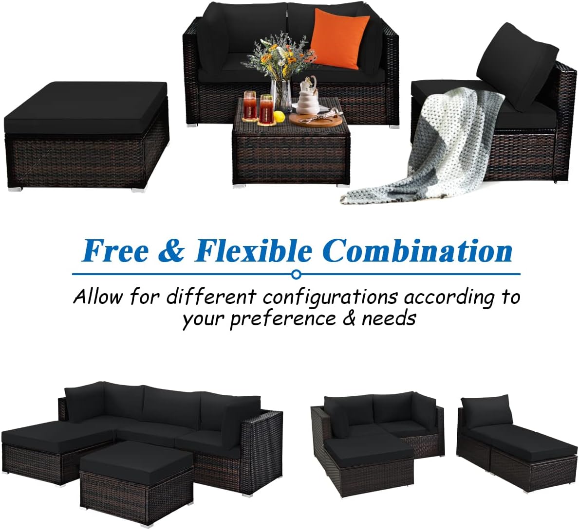 COSTWAY 5-Piece Outdoor Patio Furniture Set, Side Table, Ottoman and Lounge Sofa with Cushions, PE Rattan Conversation Set for Garden, Deck, Backyard (Black)