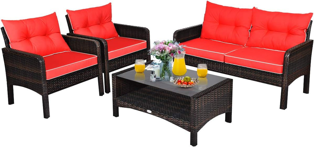 COSTWAY 4-Piece Patio Furniture Set, Sectional Wicker Rattan Sofa Chair with Cushion, Loveseat, Coffee Table with Tempered Glass and Shelf, Outdoor Conversation Sets for Poolside Porch (Red)
