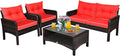 COSTWAY 4-Piece Patio Furniture Set, Sectional Wicker Rattan Sofa Chair with Cushion, Loveseat, Coffee Table with Tempered Glass and Shelf, Outdoor Conversation Sets for Poolside Porch (Red)