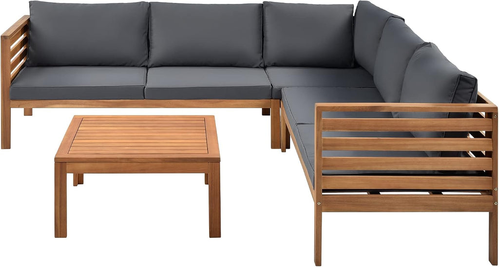 4 Piece Outdoor Patio Furniture Set, Acacia Wood Sectional Sofa wSeat Cushions, Patio Sectional Conversation Seat with Couches and Coffee Table