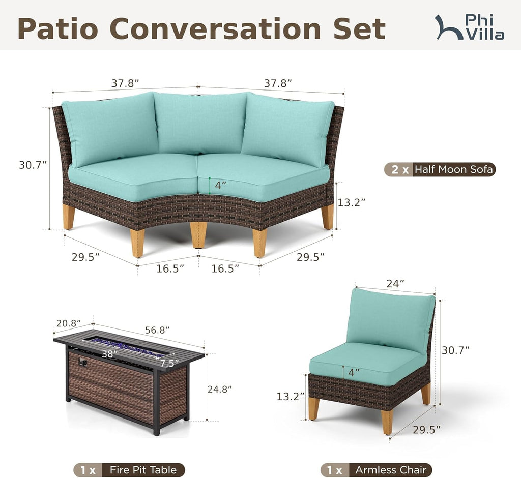 PHI VILLA Half Moon Patio Furniture Set with 56' Fire Pit Table, Outdoor Curved Wicker Sectional Sofa with Cushions and Ottomans, Aqua Blue