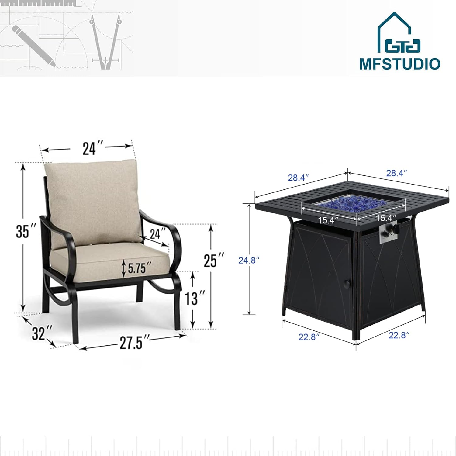 MFSTUDIO 5 Pieces Patio Conversation Sets, Outdoor Metal Furniture Sofas with 1 x 28 50,000 BTU Square Propane Fire Table and 4 x Wrought Iron Frame Sofa Chairs with Beige Cushion