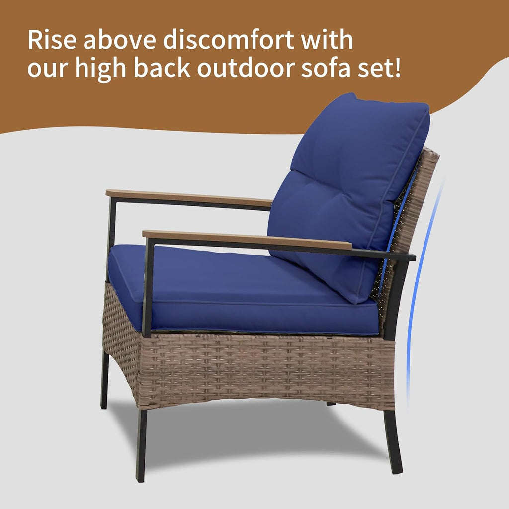 COOS BAY Sunset Haven Outdoor Patio Furniture Set, Outdoor Conversation Set, Rattan Wicker Sofa, Loveseat, 2 Patio Chairs and Coffee Table, Brown/Blue