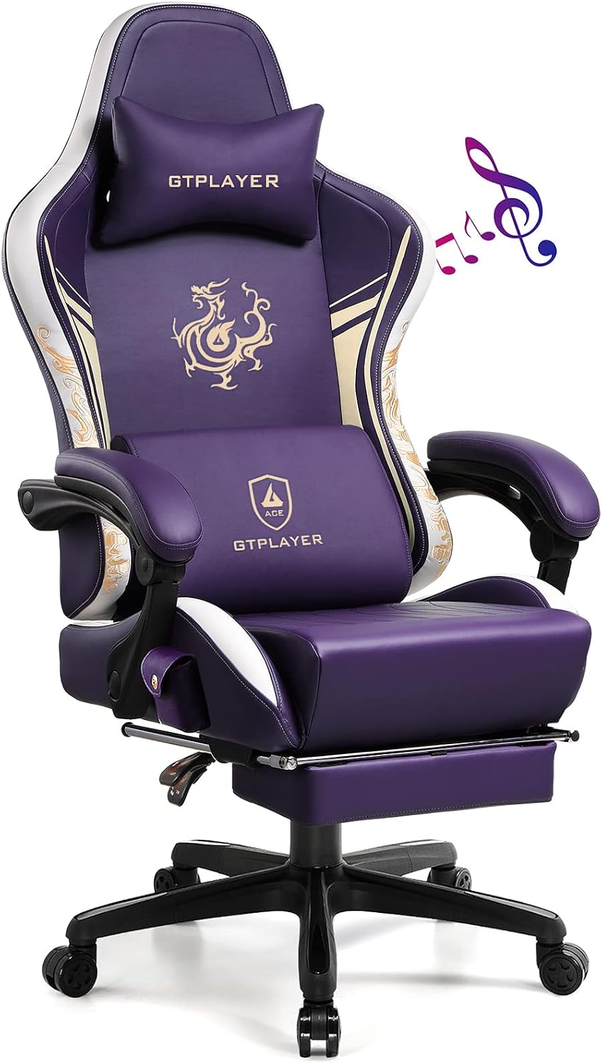 GTPLAYER Gaming Chair with Bluetooth Speakers and Footrest, Dragon Series Video Game Chair, Heavy Duty Ergonomic Chair Esports Gaming Chair, Computer Office Desk Chair (Purple)