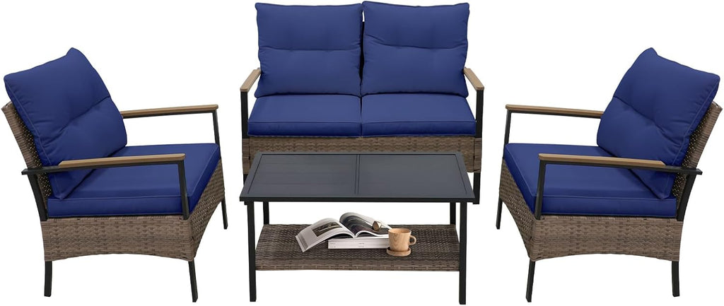 COOS BAY Sunset Haven Outdoor Patio Furniture Set, Outdoor Conversation Set, Rattan Wicker Sofa, Loveseat, 2 Patio Chairs and Coffee Table, Brown/Blue
