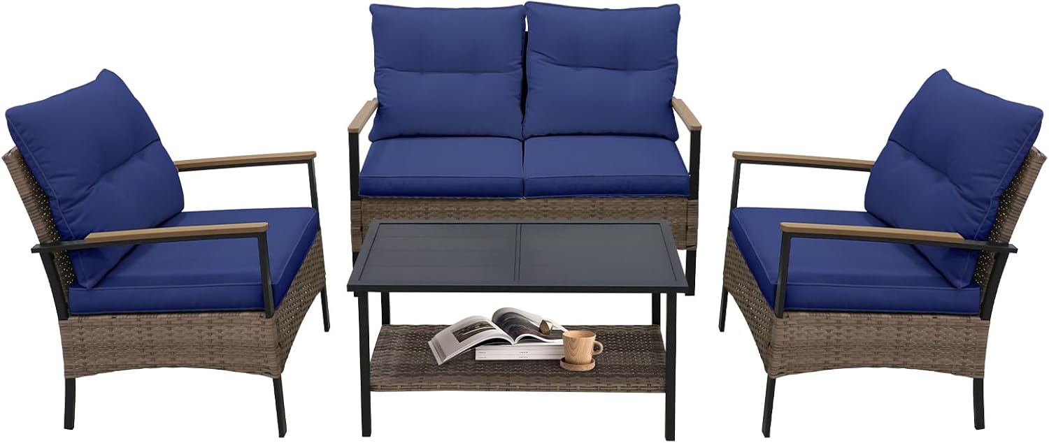 COOS BAY Sunset Haven Outdoor Patio Furniture Set, Outdoor Conversation Set, Rattan Wicker Sofa, Loveseat, 2 Patio Chairs and Coffee Table, Brown/Blue