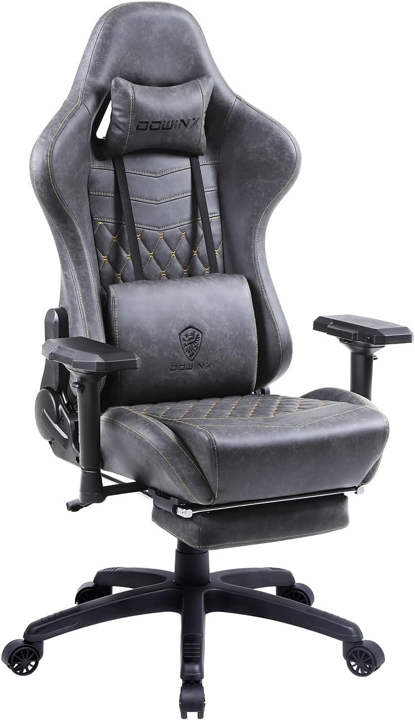 Dowinx Big and Tall Gaming Chair 400LBS, Ergonomic Computer Chair with Massage Lumbar Support & Footrest, High Back Comfortable Office & Gaming Chair with 4D Armrests, PU Leather, Grey