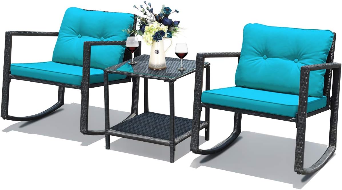 COSTWAY 3 Pieces Patio Rattan Rocking Chair Set, Outdoor Conversation Furniture Sets with Coffee Table, Storage Shelf and Cushions, Modern Bistro Set for Porch, Backyard, Garden, Turquoise
