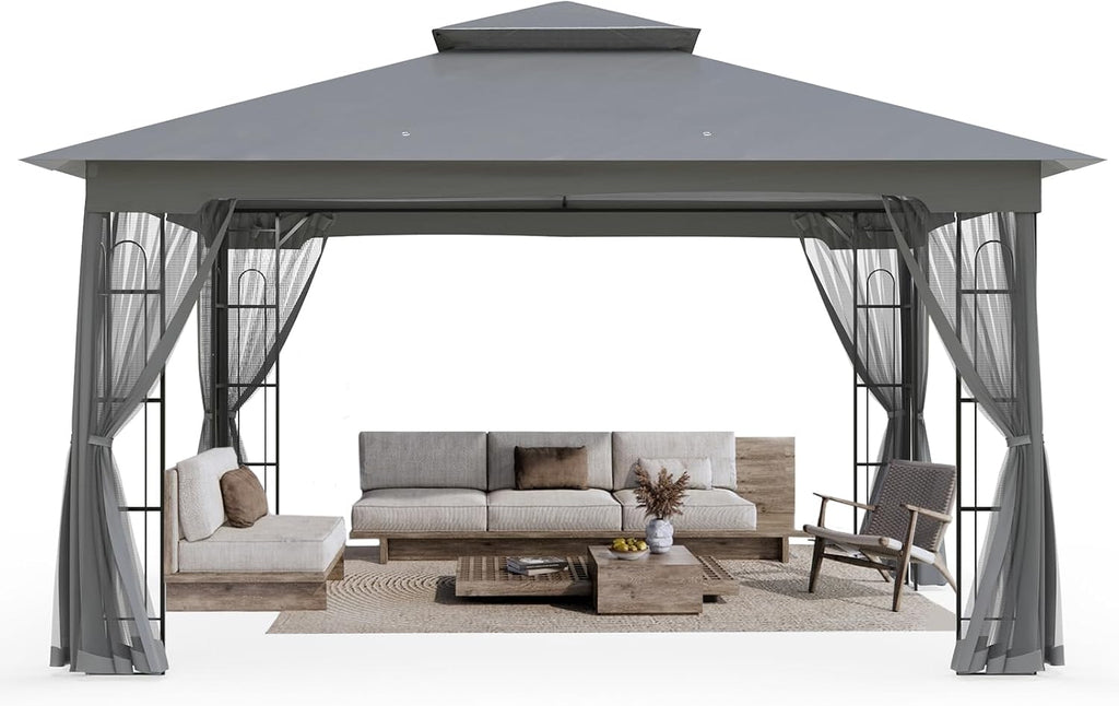 10x12 Outdoor Gazebo Tent with Netting, Double Roof Patio Gazebo with Soft Fabric Top, Outdoor Pavilion for Backyard Patio Garden Lawn, Gray