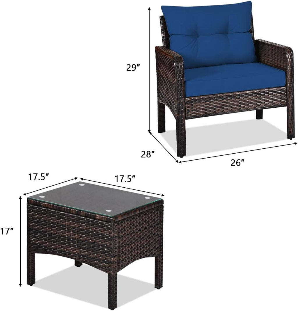 HAPPYGRILL 3 Piece Patio Conversation Set Outdoor Rattan Wicker Furniture Set with Coffee Table & Chairs Patio Bistro with Seat Cushions for Garden Balcony Backyard Poolside