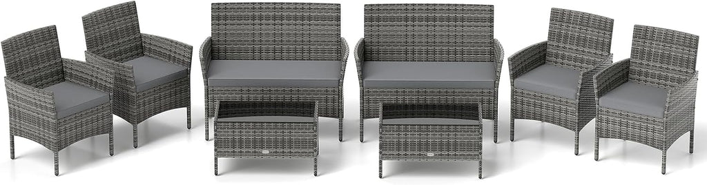 RELAX4LIFE 8-Piece Patio Furniture Set - Rattan Outdoor Conversation Bistro Set w/Cushions, Glass Coffee Table, Wicker Chairs & Loveseat for Garden Backyard Porch, Balcony Furniture Set (2, Mix Grey)