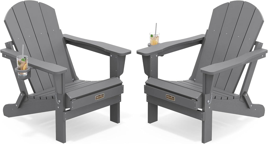 SERWALL Folding Adirondack Chair with Cup Holder Set of 2, All Weather Adirondack Chairs, Fire Pit Chairs for Patio Garden Outdoors Fire Pit - Gray