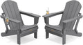 SERWALL Folding Adirondack Chair with Cup Holder Set of 2, All Weather Adirondack Chairs, Fire Pit Chairs for Patio Garden Outdoors Fire Pit - Gray