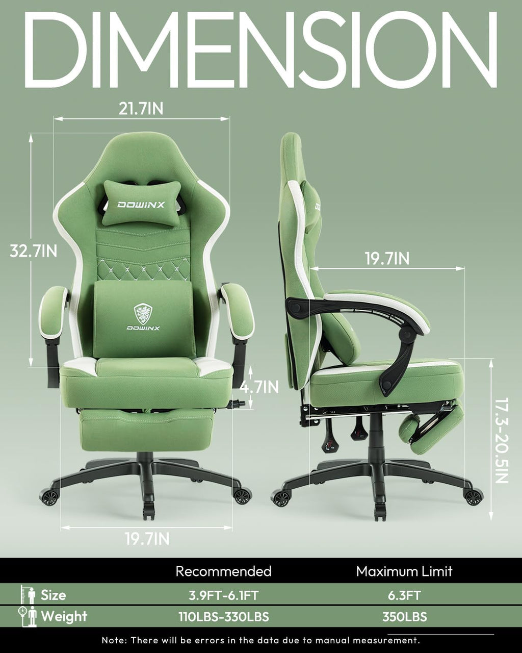 Dowinx Gaming Chair Breathable Fabric Game Chair with Gel Pad and Storage Bag, Comfortable Gamer Chair with Pocket Spring Cushion,Ergonomic Computer Chair with Footrest,Green and White