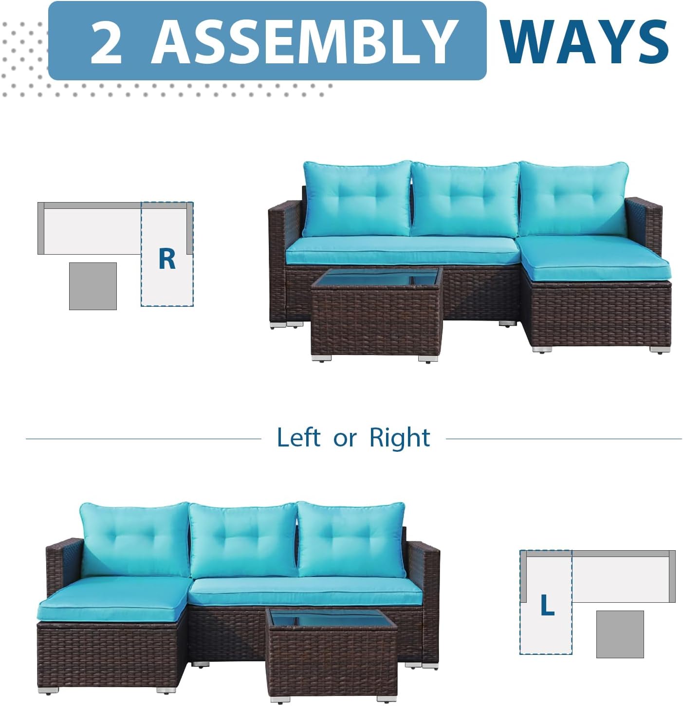 JOIVI Outdoor Patio Furniture Set, All Weather Outdoor Sectional Conversation Set, Wicker Furniture Sofa Set, Outdoor Patio Seating with Cushions, Tempered Glass Coffee Table, L-Shaped, Turquoise