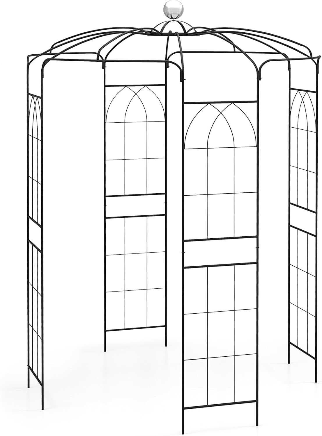 Moccha Birdcage Shape Gazebo, 9.4' H x 6.8' W Pergola Pavilion Arbor for Climbing Plants, French Style Arch Trellis with 8 Ground Stakes, Outdoor Metal Garden Arch for Wedding Party Decoration, Black