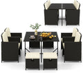 Tangkula 9 Pieces Outdoor Dining Furniture Set, Space-Saving Wicker Rattan Chairs & Tempered Glass Table with Ottomans, Cushioned Seat, Patio Conversation Set for Garden Yard Poolside