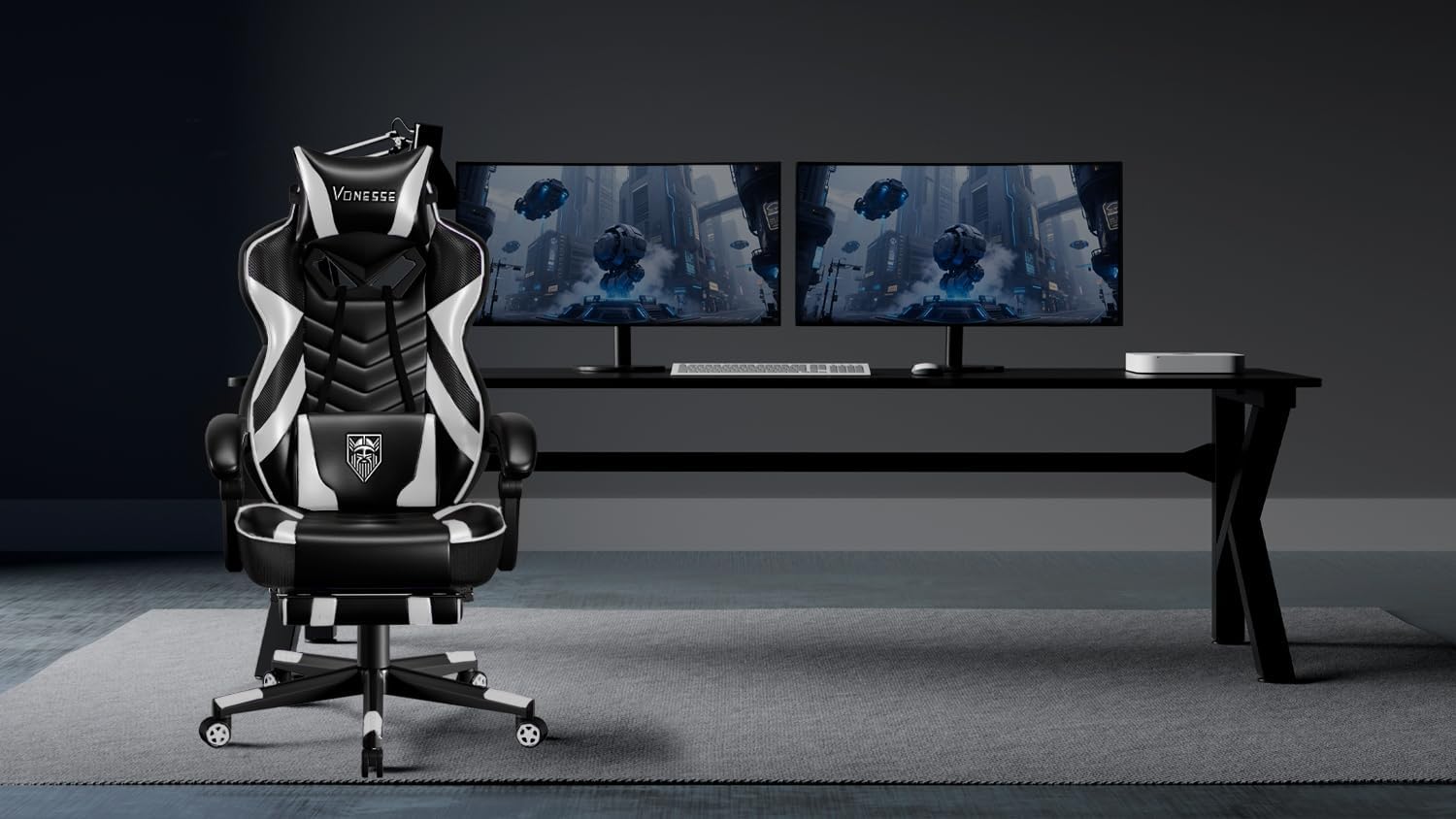 Vonesse Gaming Chair, Big and Tall Gaming Chair with Footrest and Massage, Gaming Chairs for Adults with Lumbar Support, Ergonomic High Back Computer Chair with Pocket Spring Cushion (White/Black)