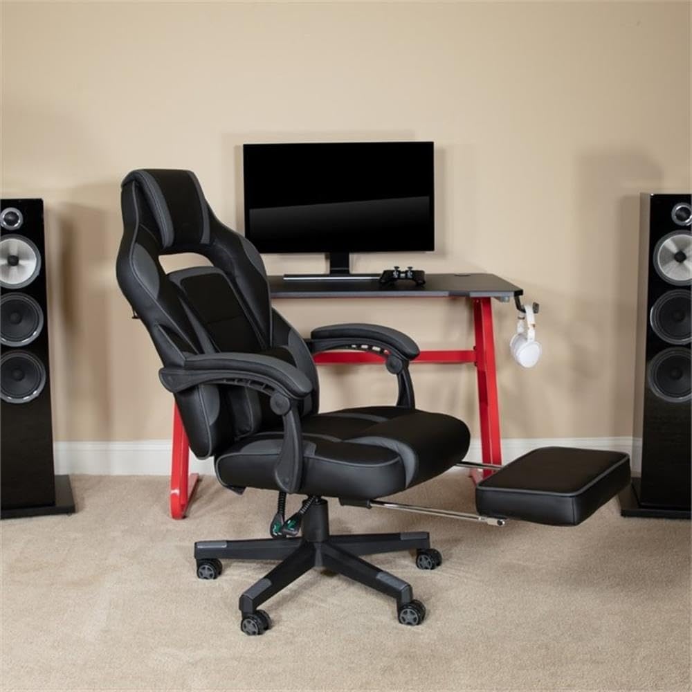 Flash Furniture X40 Gaming Chair Racing Ergonomic Computer Chair with Fully Reclining Back/Arms, Slide-Out Footrest, Massaging Lumbar - Black/Gray