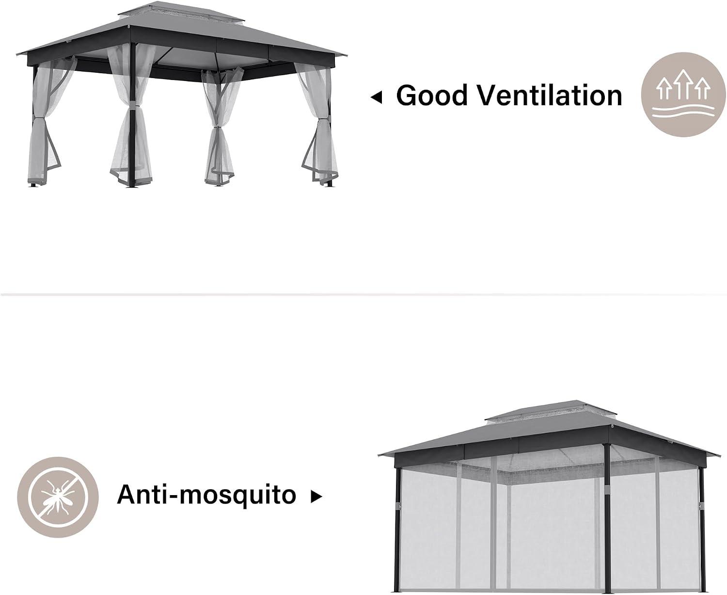 LAUSAINT HOME 10' X 13' Waterproof Patio Gazebo with Mosquito Netting, Double Roof Outdoor Gazebo Pavilion Shelter for Backyard, Garden, Lawn, Wedding (Grey)
