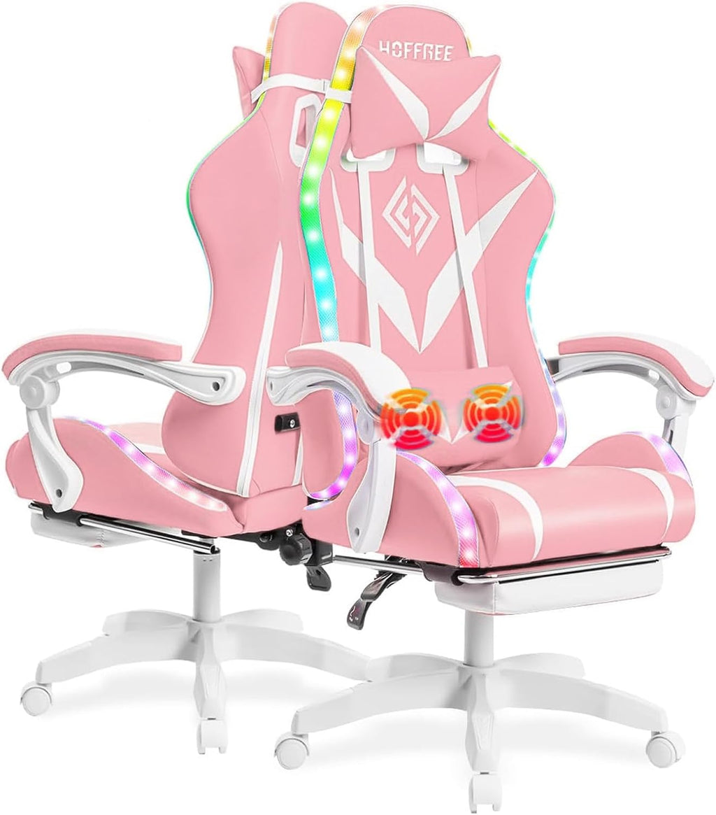 HOFFREE Gaming Chair with LED RGB Lights Massage Ergonomic Video Game Chairs with Footrest High Back Reclining Computer Chair with Adjustable Lumbar Support Pink and White