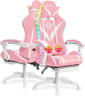 HOFFREE Gaming Chair with LED RGB Lights Massage Ergonomic Video Game Chairs with Footrest High Back Reclining Computer Chair with Adjustable Lumbar Support Pink and White