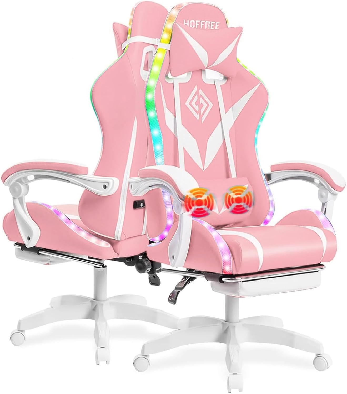 HOFFREE Gaming Chair with LED RGB Lights Massage Ergonomic Video Game Chairs with Footrest High Back Reclining Computer Chair with Adjustable Lumbar Support Pink and White