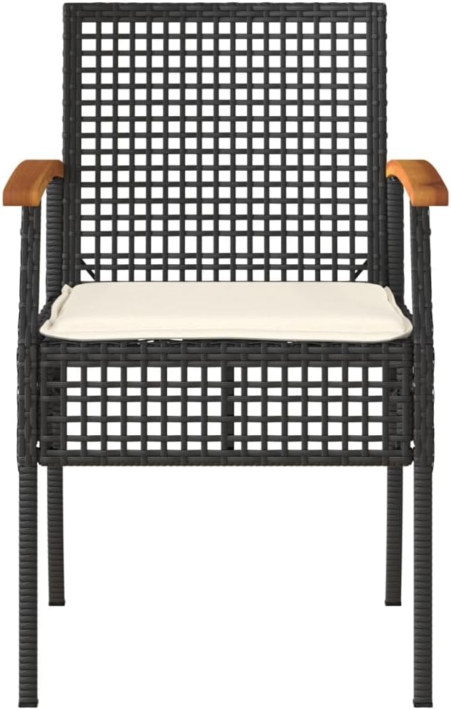 vidaXL Patio Chairs/Cushions Set - 4 Pcs Black Poly Rattan & Acacia Wood for Outdoor/Garden - Durable, Easy-to-Clean, Weather-, Removable Cushion Covers, Sturdy Steel Frame, Assembly Required, 21