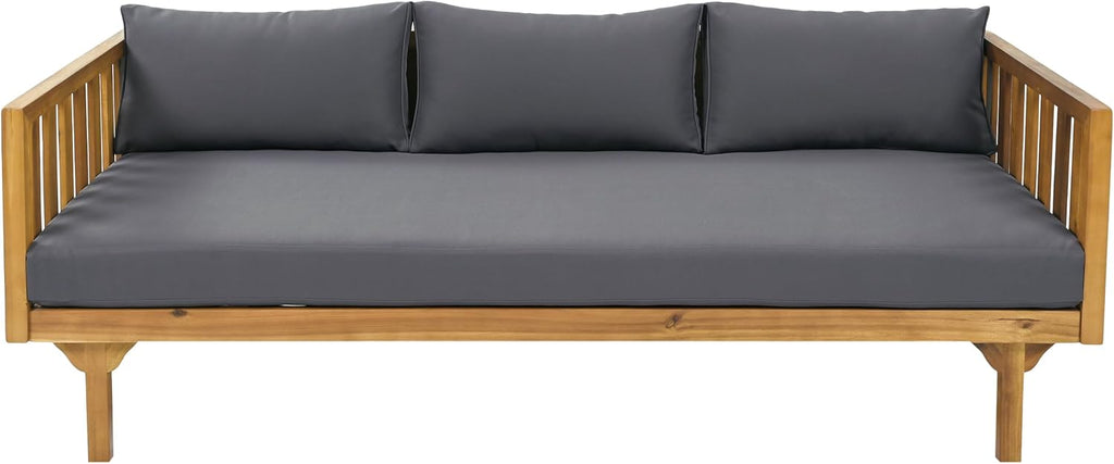 Christopher Knight Home Claremont Patio Sofa and Coffee Table Set, 2 Piece Outdoor Patio Furniture Set with Cushion, Acacia Wood 3 Seater Outdoor Sofa Daybed and Coffee Table Set, Teak+Dark Grey
