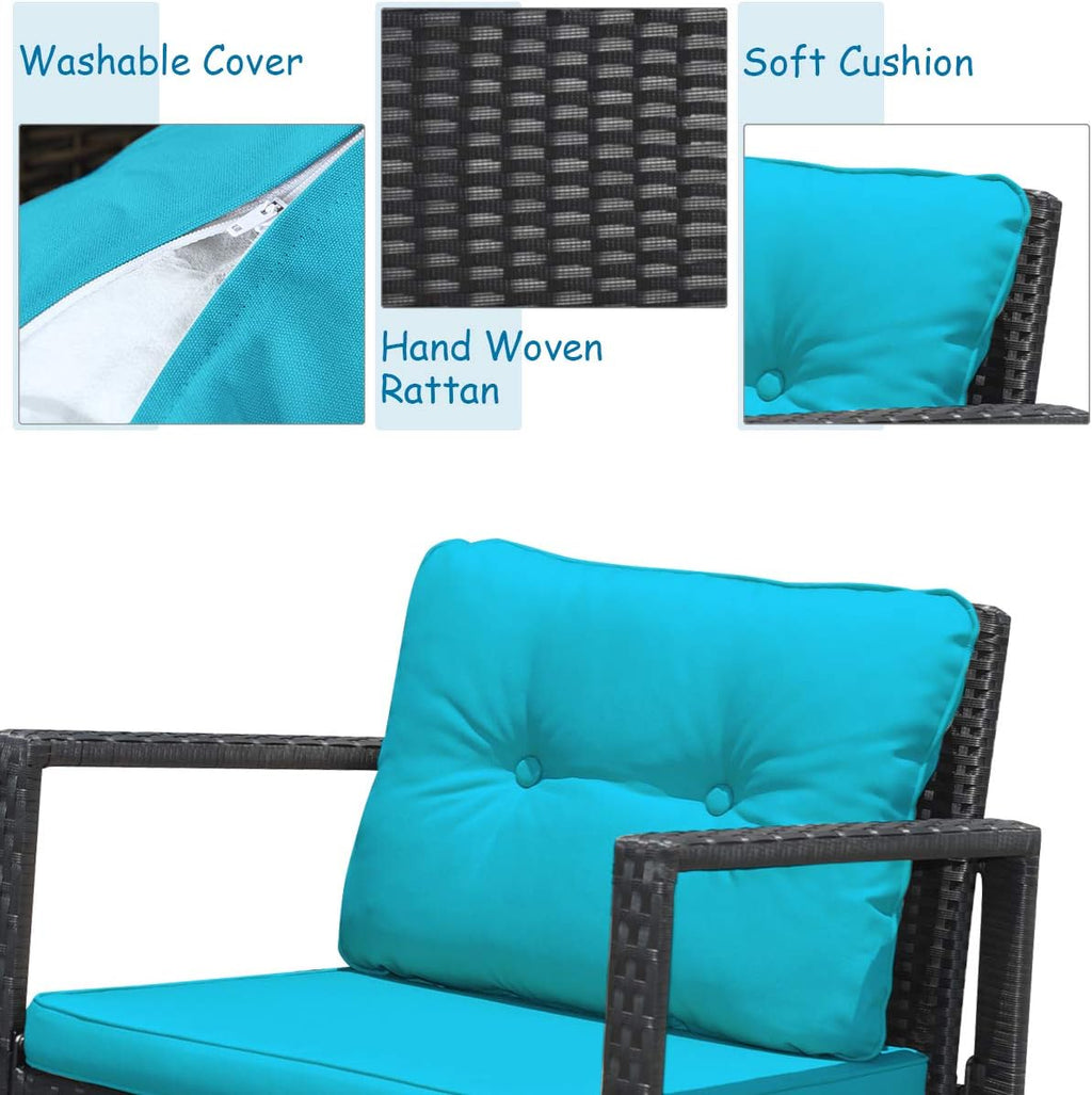 COSTWAY 3 Pieces Patio Rattan Rocking Chair Set, Outdoor Conversation Furniture Sets with Coffee Table, Storage Shelf and Cushions, Modern Bistro Set for Porch, Backyard, Garden, Turquoise
