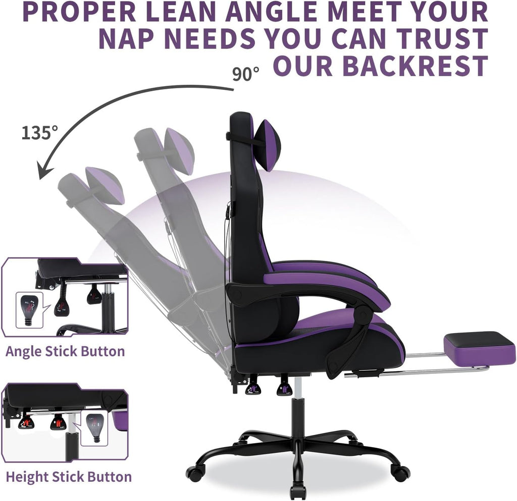 Gaming Chair with Massage,Ergonomic PC Gaming Chair with Footrest Comfortable Headrest and Lumbar Support,High Back Game Chair PVC Leather,300LBS (BlackPurple)