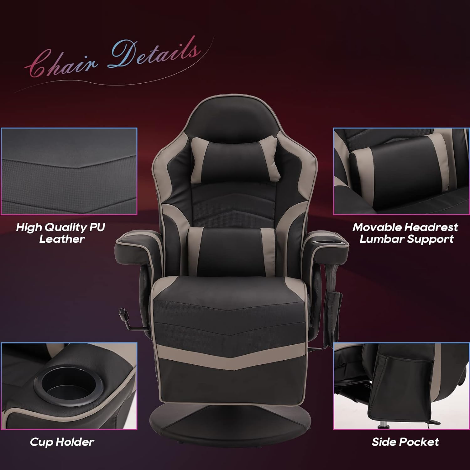 Gaming Chairs for Adults, Gaming Chair with Footrest, Massage Gaming Chair w/Adjustable Height and Backrest, Swivel Video Game Chair with Lumbar Support, Side Pouch (Black& Grey)