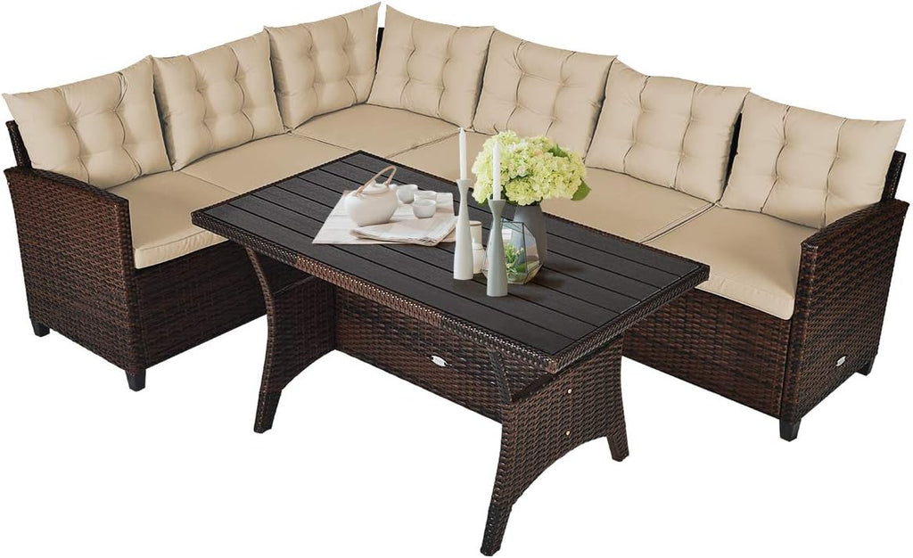 Tangkula Patio Furniture Set, 3 Pieces Outdoor Conversation Set with 6 Cushioned Seat & Coffee Table, Rattan Couch Set for Balcony, Garden, Lawn, Poolside and Backyard (Brown)