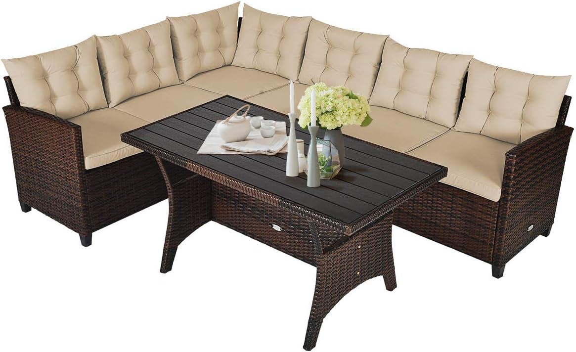 Tangkula Patio Furniture Set, 3 Pieces Outdoor Conversation Set with 6 Cushioned Seat & Coffee Table, Rattan Couch Set for Balcony, Garden, Lawn, Poolside and Backyard (Brown)
