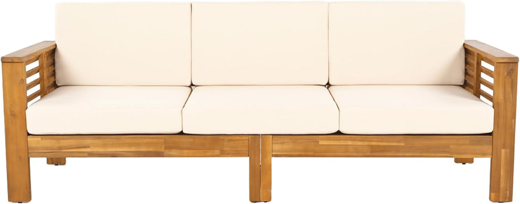 Merax 3 Piece Acacia Wood Patio Furniture Set, Outdoor Sectional Sofa Set with Coffee Table, 4 Seats Sofa Deep Seating with Soft Cushions for Garden, Backyard, Teak & Cream