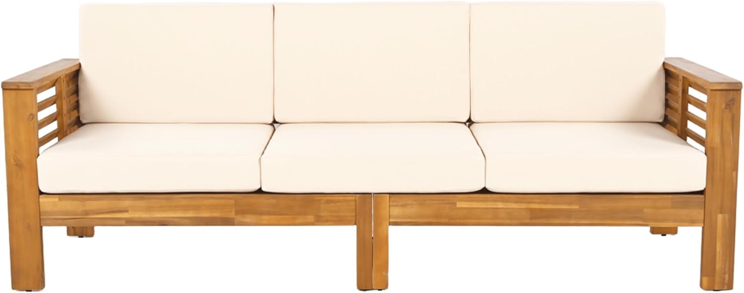 Christopher Knight Home Havets 3 Pieces Outdoor Acacia Furniture Set, Slat Panel Couch, Spacious Seating Armchair, 6' Thick Cushions Sofa and Coffee Table Set for Backyard Garden Balcony, Teak+Beige