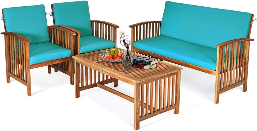 Tangkula Outdoor 4 PCS Acacia Wood Sofa Set w/Water Resistant Cushions, Padded Patio Seating Chat Set w/Coffee Table for Garden, Backyard, Poolside (1, Turquoise)