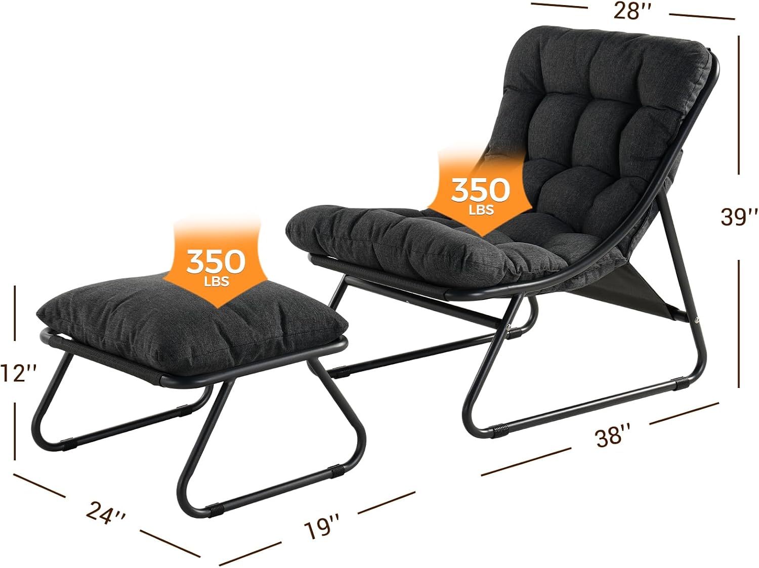Grand patio Outdoor Chair with Ottoman, Comfy Lounge Chair with Puffy Cushion and Foot Rest, Modern Metal Chair for Patio Porch Deck Living Room, Dark Gray