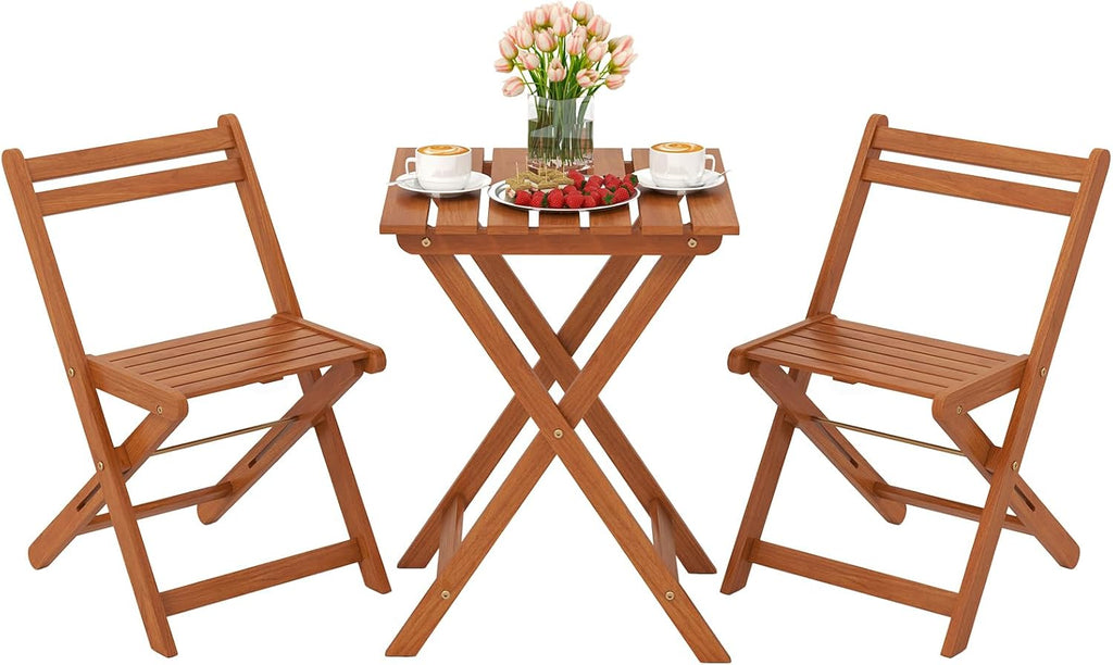 Tangkula 3 Pieces Solid Wood Patio Bistro Set with 2 Folding Chairs, Outdoor Table and Chairs Set, Balcony Furniture Set, Small Patio Set for Porch, Deck, Garden and Backyard