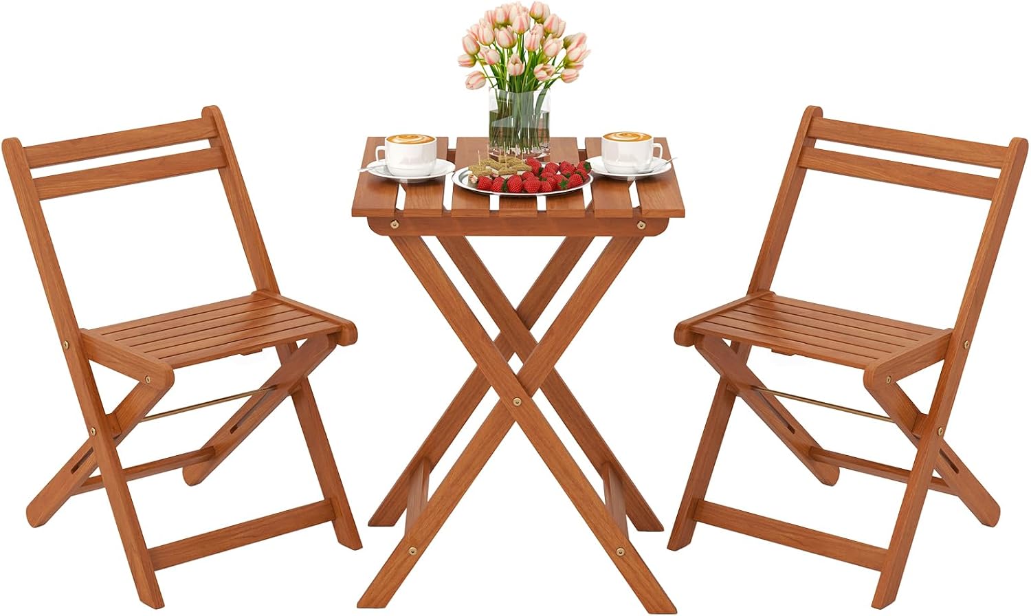 Tangkula 3 Pieces Solid Wood Patio Bistro Set with 2 Folding Chairs, Outdoor Table and Chairs Set, Balcony Furniture Set, Small Patio Set for Porch, Deck, Garden and Backyard