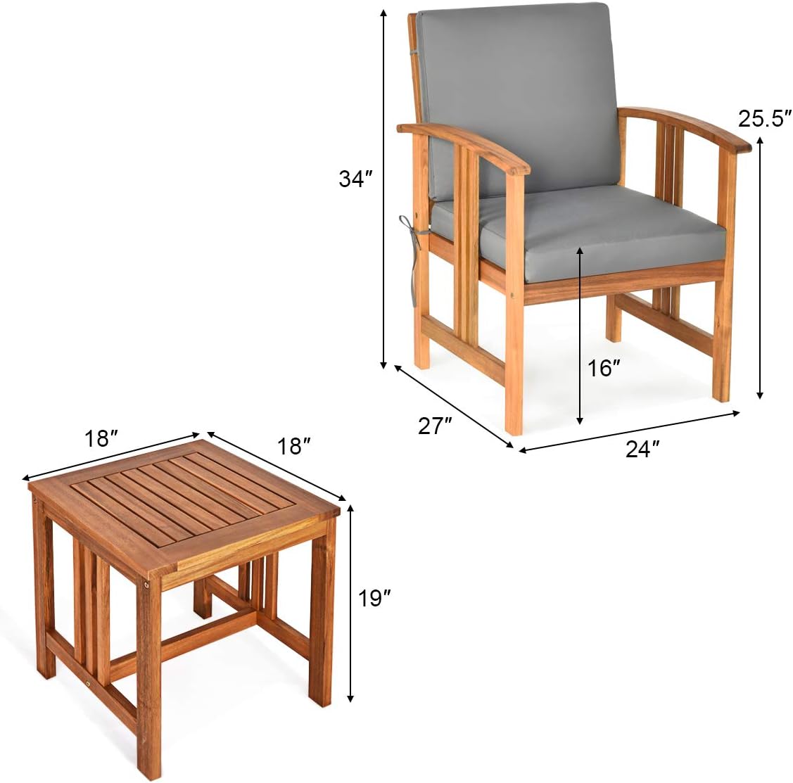 Tangkula 3 Pieces Patio Furniture Set, Includes Set of 2 Outdoor Acacia Wood Cushioned Chairs and Coffee Table, for Garden, Backyard, Poolside, Bistro and Deck, Patio Conversation Chat Set (Gray)