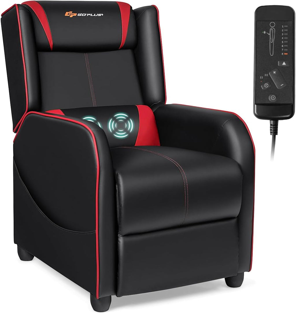 Goplus Massage Gaming Recliner Chair, Racing Style PU Leather Single Recliner Sofa with Footrest, Adjustable Modern Living Room Recliners, Ergonomic Home Theater Recliner Seat (Red)
